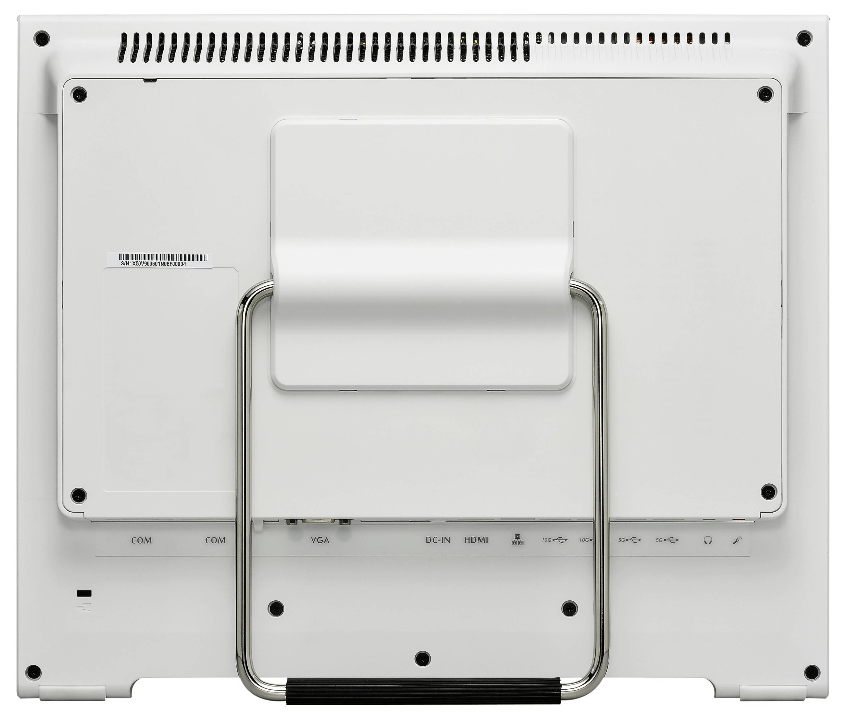 Vue arrière d'un moniteur d'ordinateur blanc avec support métallique, ports VGA, HDMI et alimentation électrique.