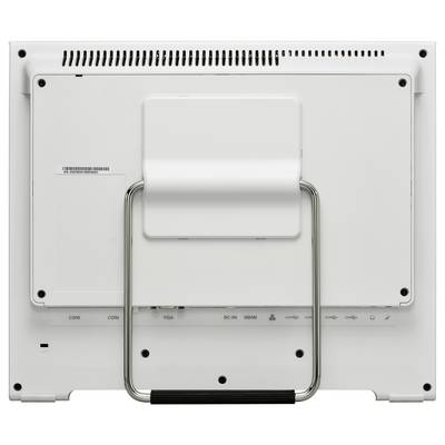 Vue arrière d'un moniteur d'ordinateur blanc avec support métallique, ports VGA, HDMI et alimentation électrique.