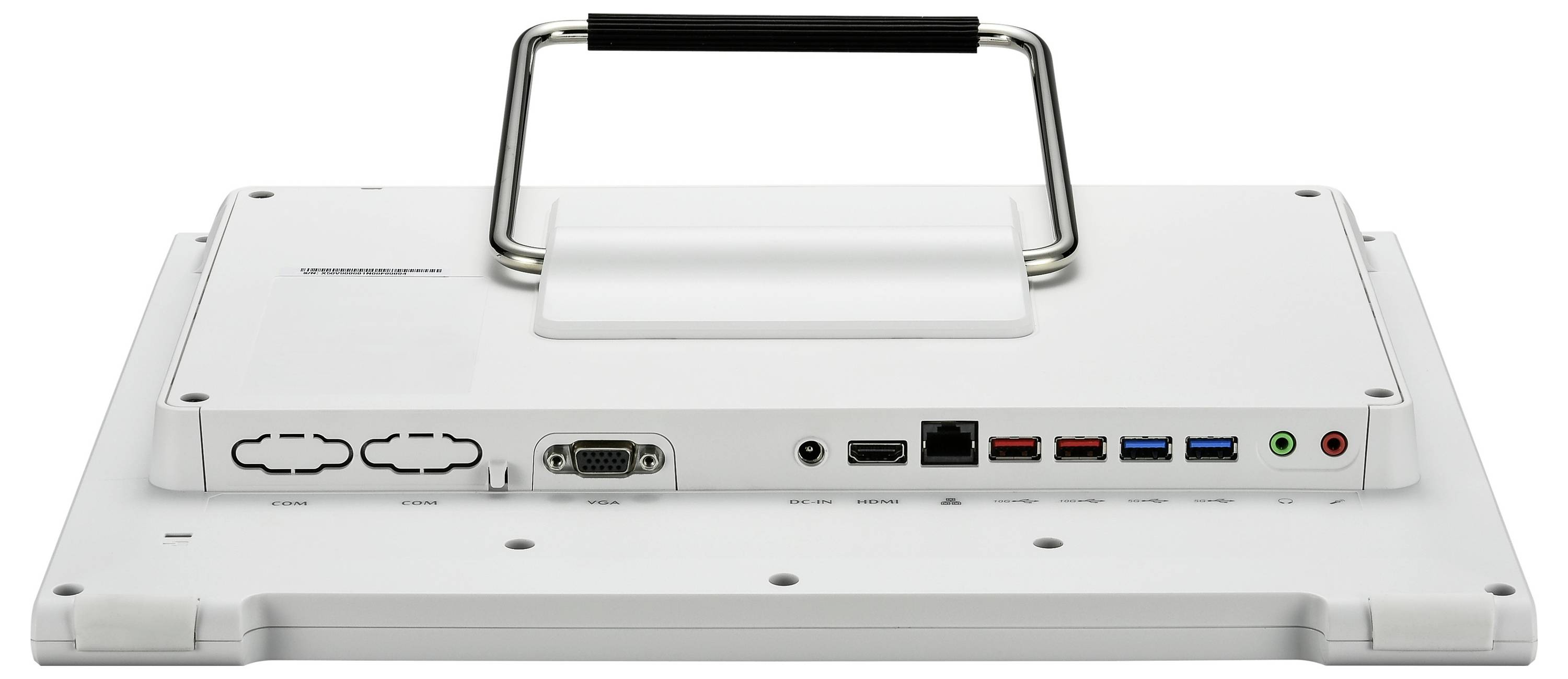 Vue arrière d'un écran tactile industriel blanc avec poignée. Présente différentes connexions telles que USB, Ethernet et VGA.