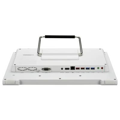 Vue arrière d'un écran tactile industriel blanc avec poignée. Présente différentes connexions telles que USB, Ethernet et VGA.