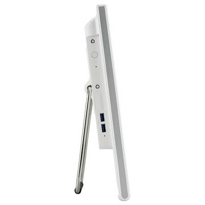 Vue latérale d'un appareil blanc avec support, ports USB et touches de commande.