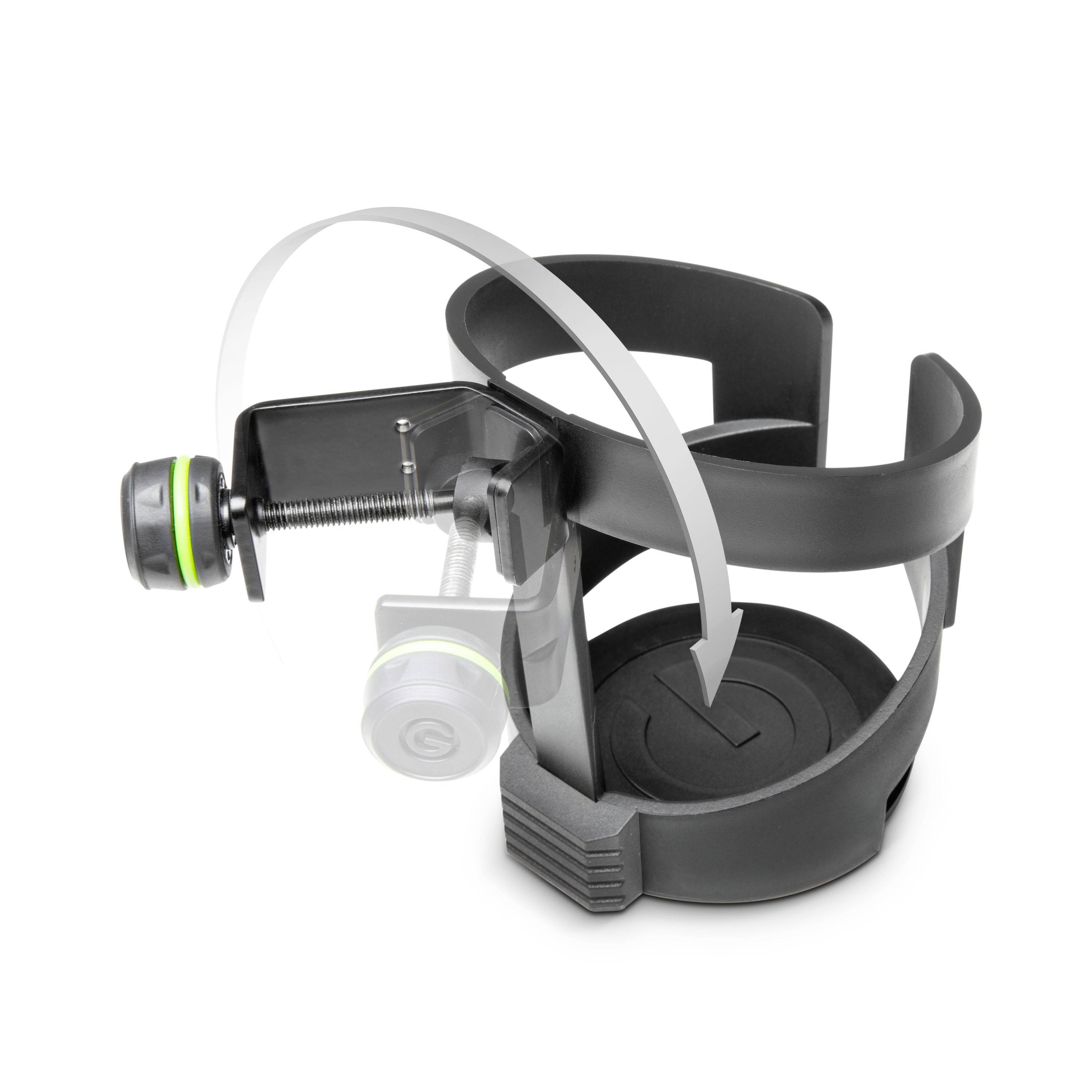 Support de bouteille avec mécanisme de serrage et de verrouillage. Adapté pour les vélos, montre l'utilisation avec des instructions de manipulation.