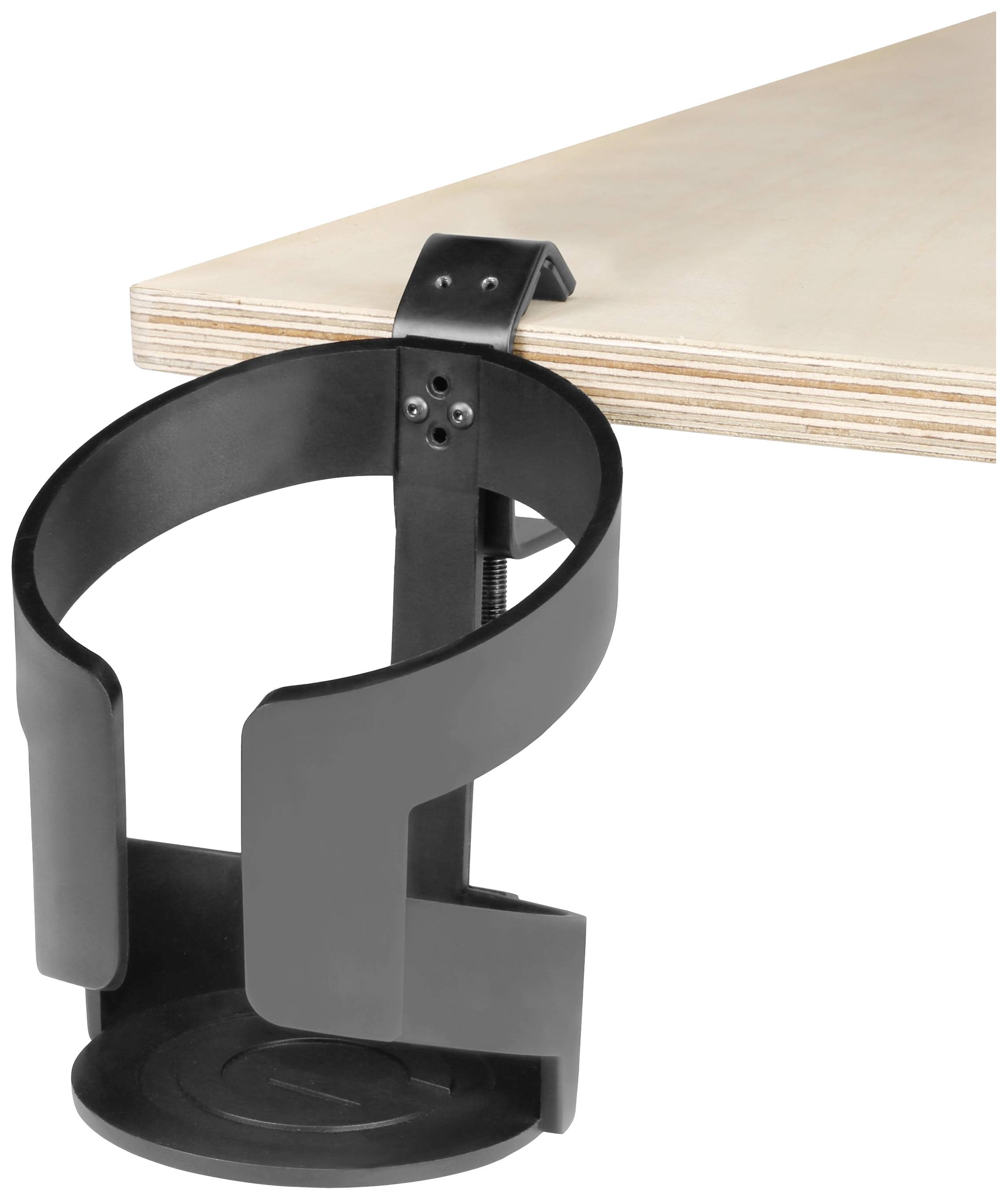 Un support de boisson noir fixé au bord d'une table en bois montre comment il peut être installé sur des meubles.