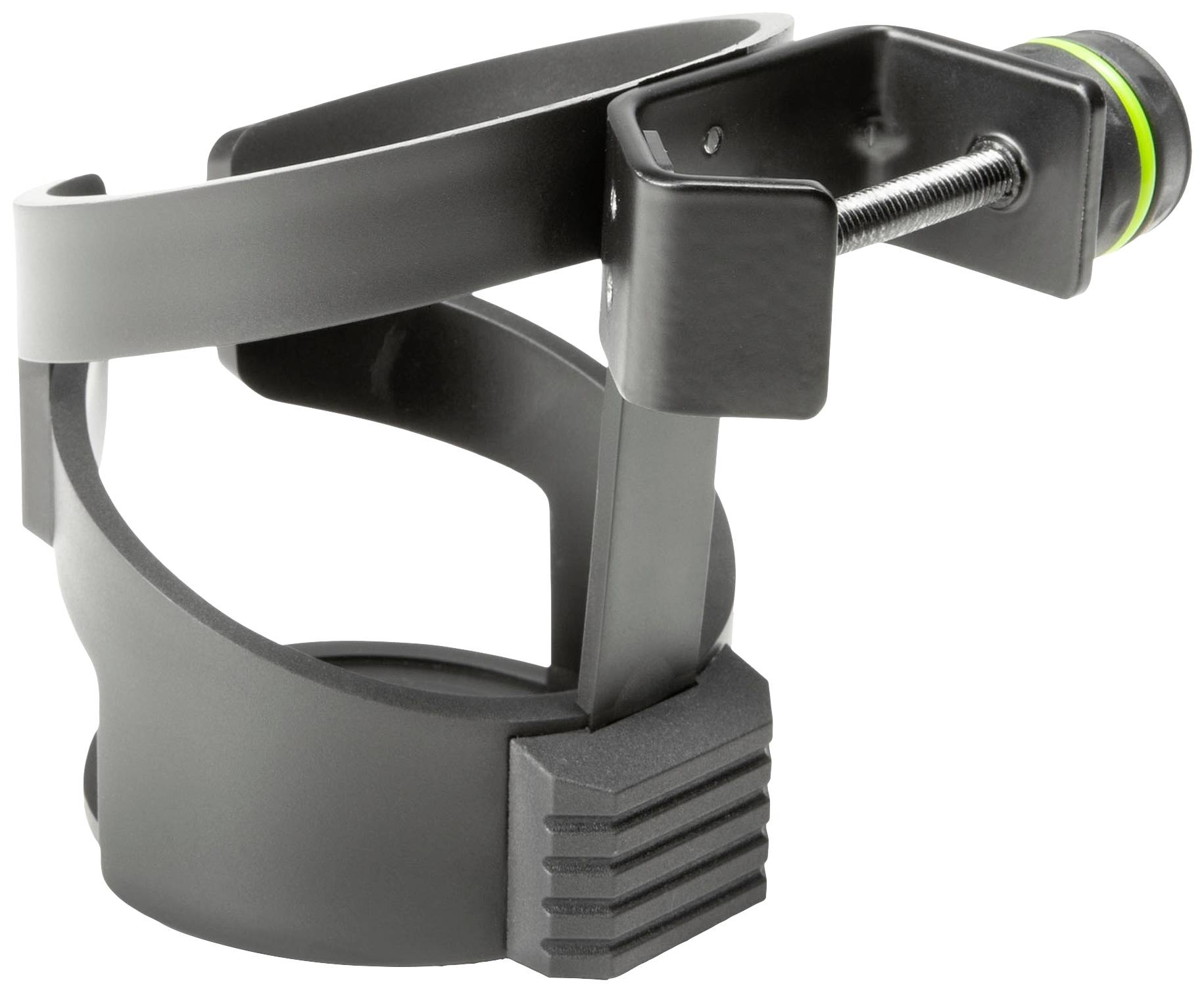 Porte-bouteille noir en métal avec vis de fixation sur le côté. Adapté pour le montage sur des vélos ou des cadres similaires.