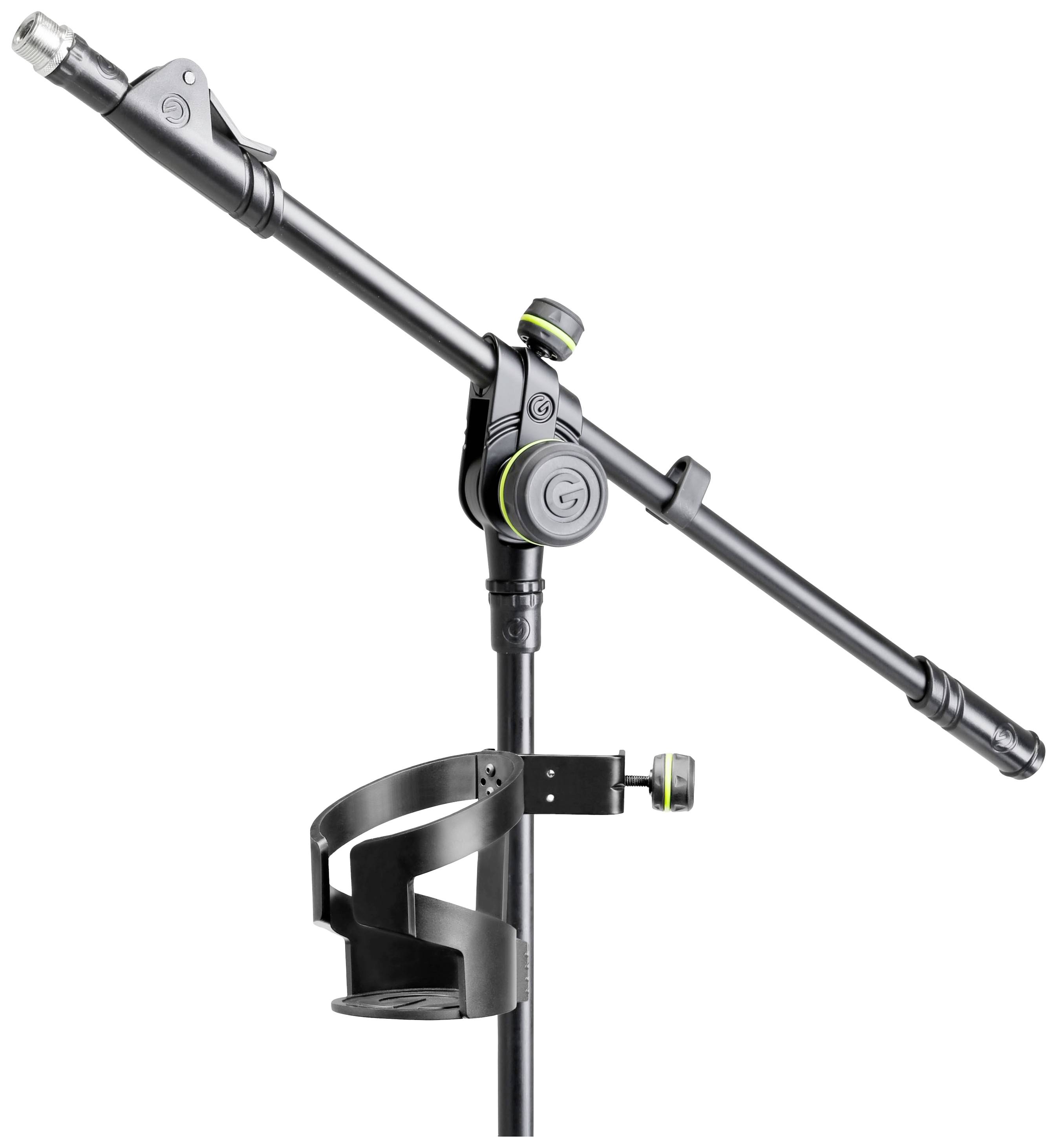 Support de microphone avec bras orientable et fixation, adapté pour une utilisation en scène ou en studio.
