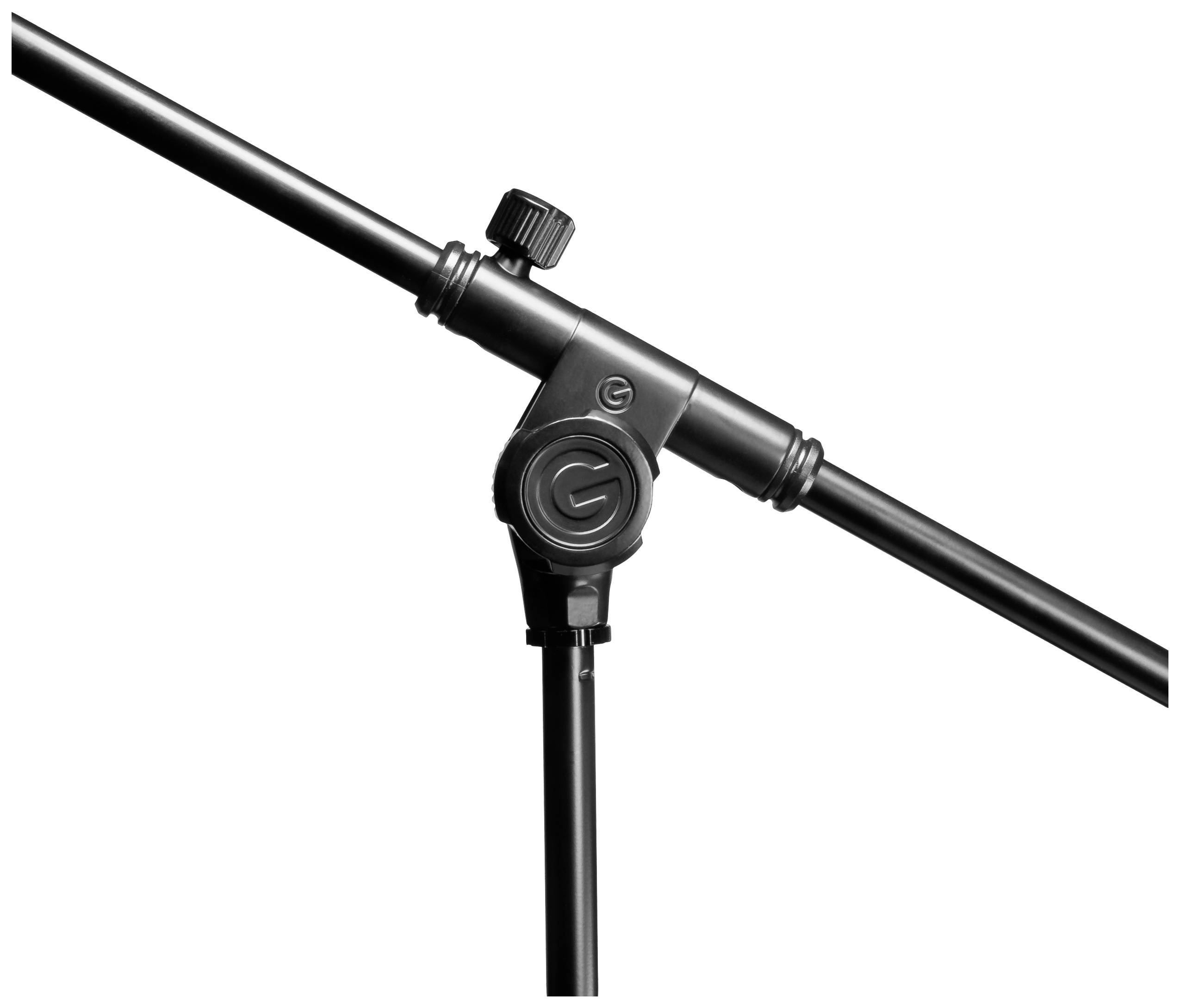 Support de microphone avec bras réglable et bouton rotatif pour l'ajustement de la hauteur. Idéal pour les musiciens et les enregistrements sonores.