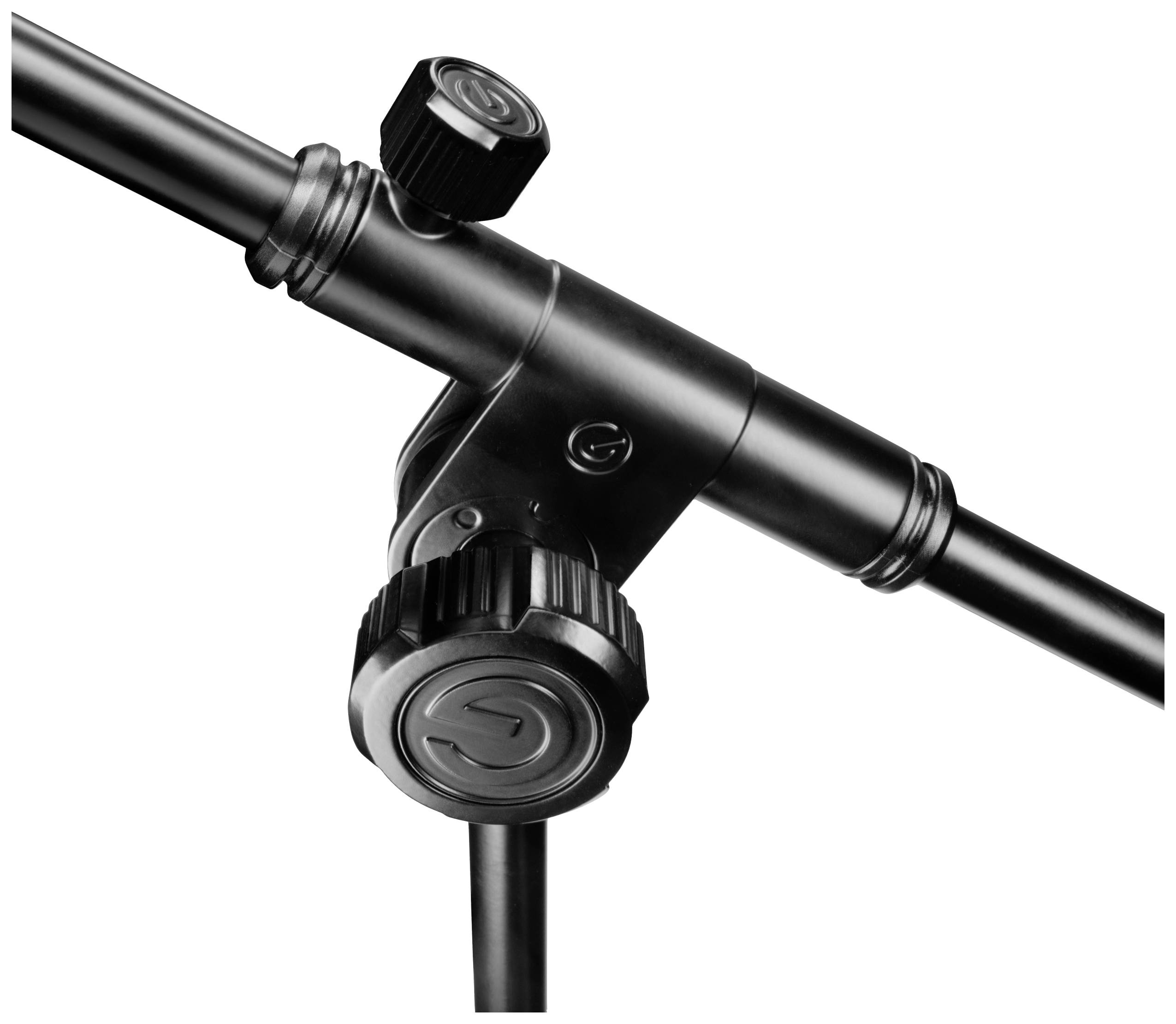 Un trépied noir en métal avec un bras ajustable et deux boutons de réglage de hauteur. Convient parfaitement pour les microphones ou les caméras.