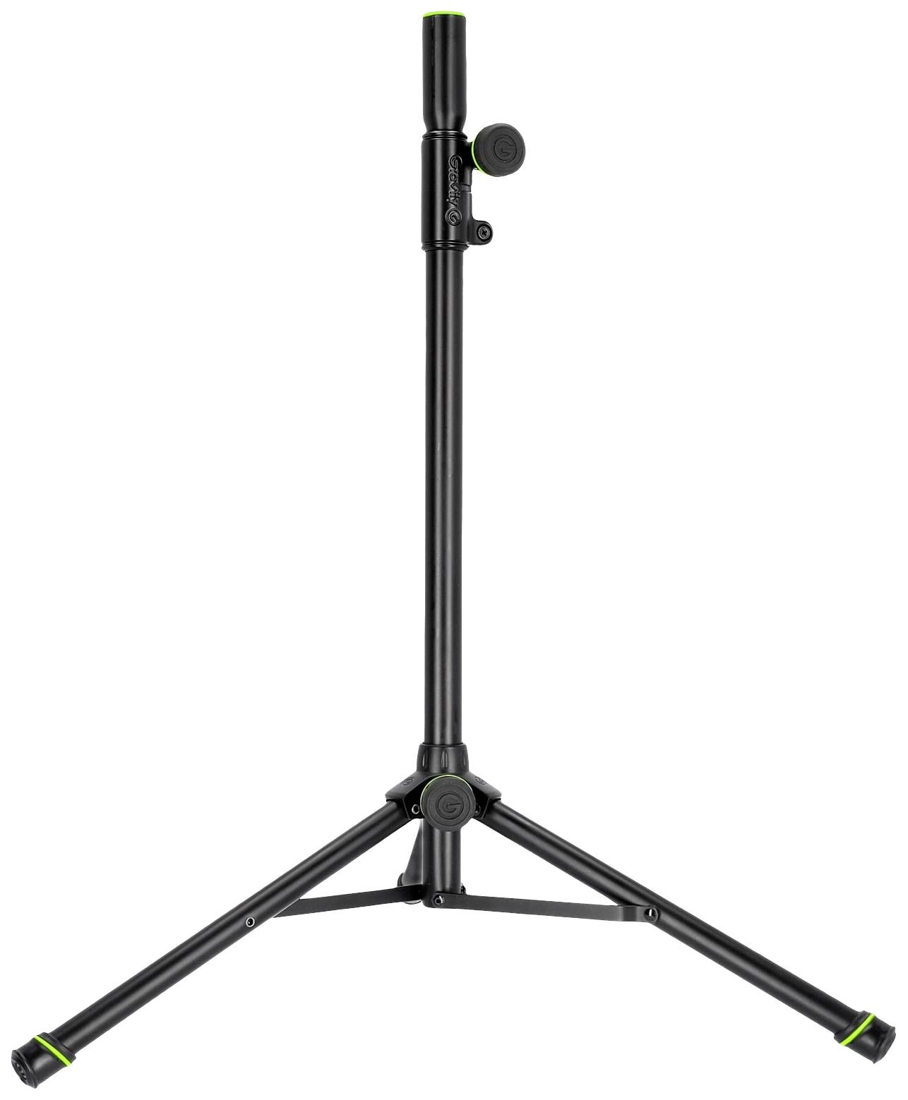 'Support de microphone noir avec des accents verts et trois pieds dépliables sur un fond blanc.'