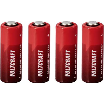 Quatre piles alcalines rouges portant l'inscription 'Voltcraft'.