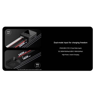 'Entrée double mode pour liberté de charge : 240W (10A max/USB) + 140W (5A max), haute performance, charge instantanée. Entrées double mode XT60/USB-C PD 3.1.'