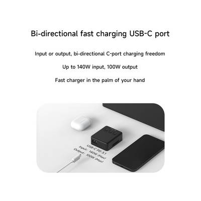 Connecteur USB-C bidirectionnel à charge rapide pour une entrée et une sortie jusqu'à 140W. Design compact pour un chargement mobile.
