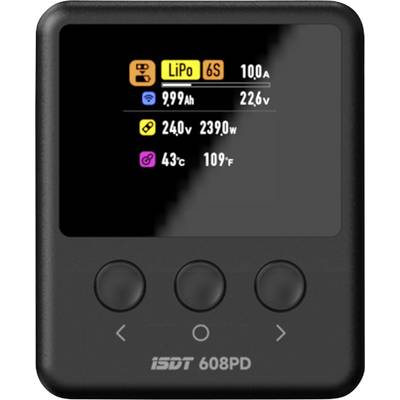 Un chargeur avec écran affiche l'état de la batterie : 'LiPo 6S', capacité '9,99Ah', tension '22,6V', tensions individuelles '24,0V' et '23,9V', température '43°C'.