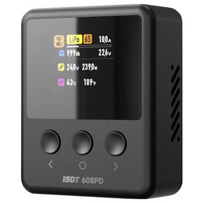Un chargeur avec un affichage numérique montrant les informations de charge pour une batterie LiPo 6S, incluant la tension et la température.