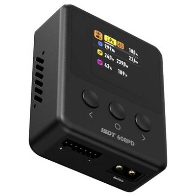 L'image montre un chargeur iSDT 608PD avec un petit écran qui affiche des informations sur un processus de charge, telles que la tension et la température.