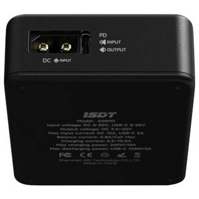 Chargeur noir multiports : entrée DC, entrée/sortie PD. Modèle 608PD, compatible USB-C, puissance maximale 240W/10A.