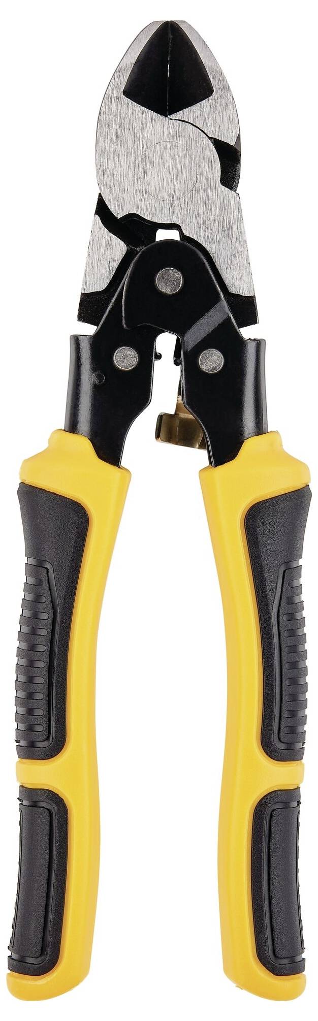 Une paire de ciseaux de métal jaune et noir à poignées enrobées de caoutchouc, adaptée pour couper des métaux et des matériaux durs.