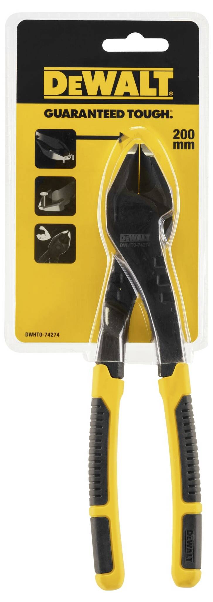 Une pince de la marque DeWalt dans son emballage d'origine. L'emballage présente un design jaune et noir avec l'inscription '200 mm'.