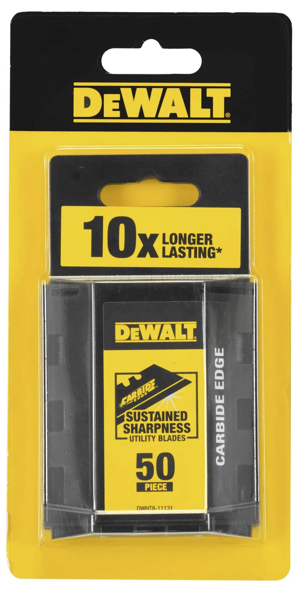 Emballage de 50 lames d'outils DEWALT, promet une 'durée de vie 10 fois plus longue' et un 'tranchant durable'.