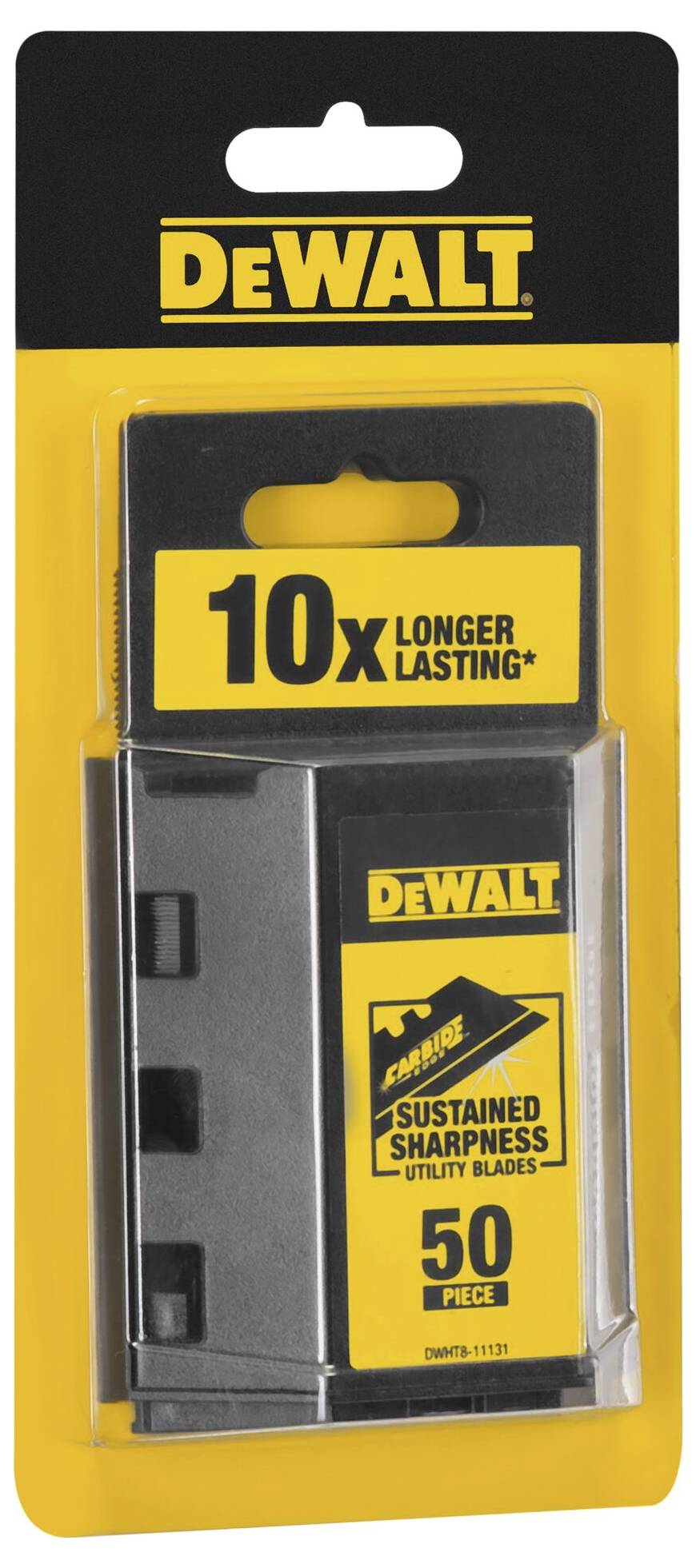 Pochette de 50 lames de cutter 'DEWALT'. Inscription '10 fois plus durables' et 'Lames utilitaires à tranchant durable'. Emballage en jaune et noir.