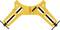 Équerre d'angle DEWALT jaune avec deux broches de serrage noires et une poignée de chaque côté pour fixer des pièces à un angle de 90 degrés.