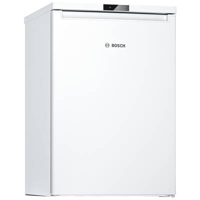 Un congélateur armoire blanc Bosch avec une porte, au design épuré et arborant le logo de la marque bien visible en haut de l'appareil.