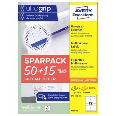 Affiche promotionnelle Avery Zweckform « ultragrip » pour étiquettes universelles : « SPARPACK 50+15 Feuilles », compatible avec tous les imprimantes, avec code produit 4781-65.
