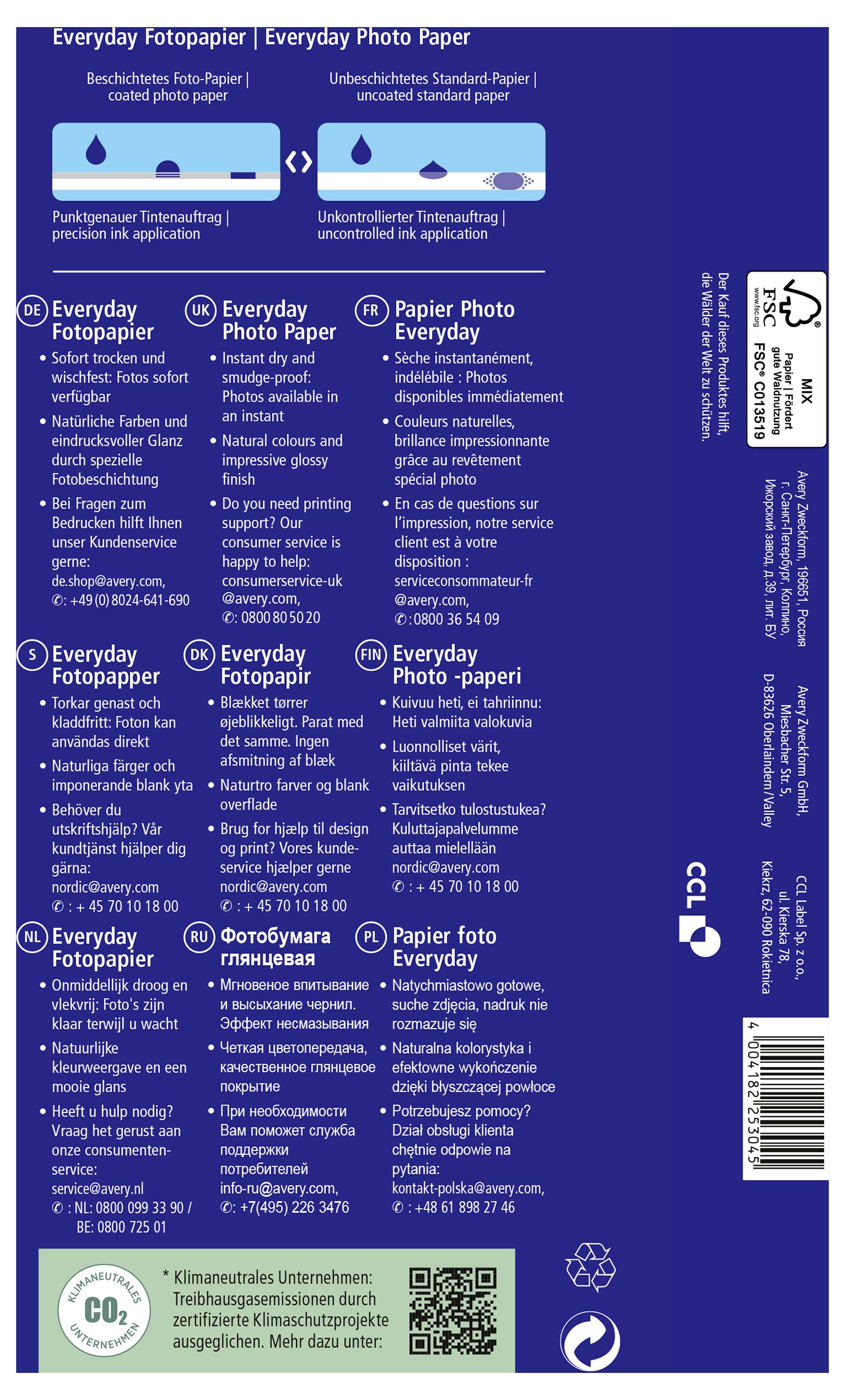 Emballage de 'Papier Photo Quotidien'. Détails sur le type de papier, son utilisation, les paramètres d'impression et les informations de format dans plusieurs langues.