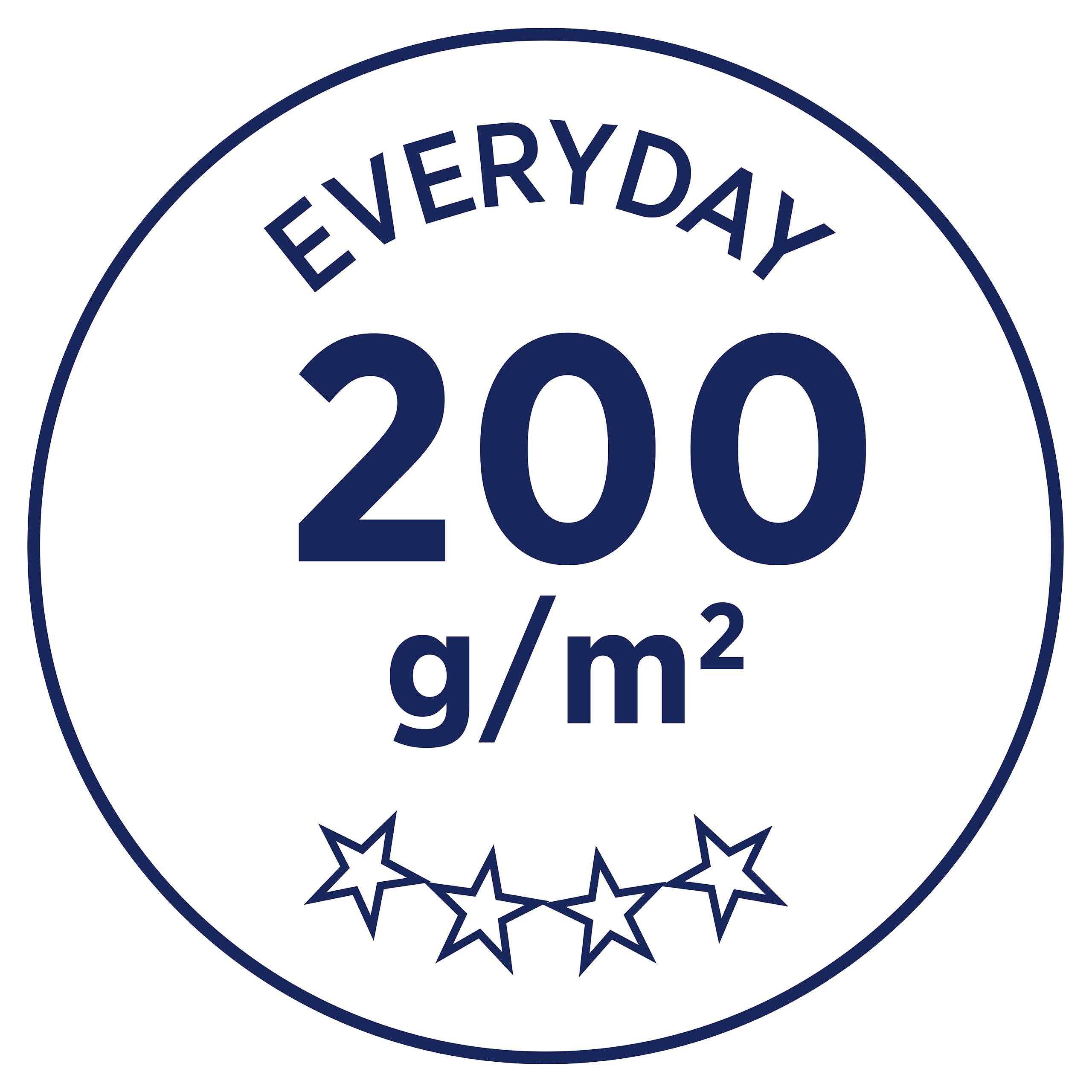 « 200 g/m² quotidien » dans un cercle avec quatre étoiles en dessous.