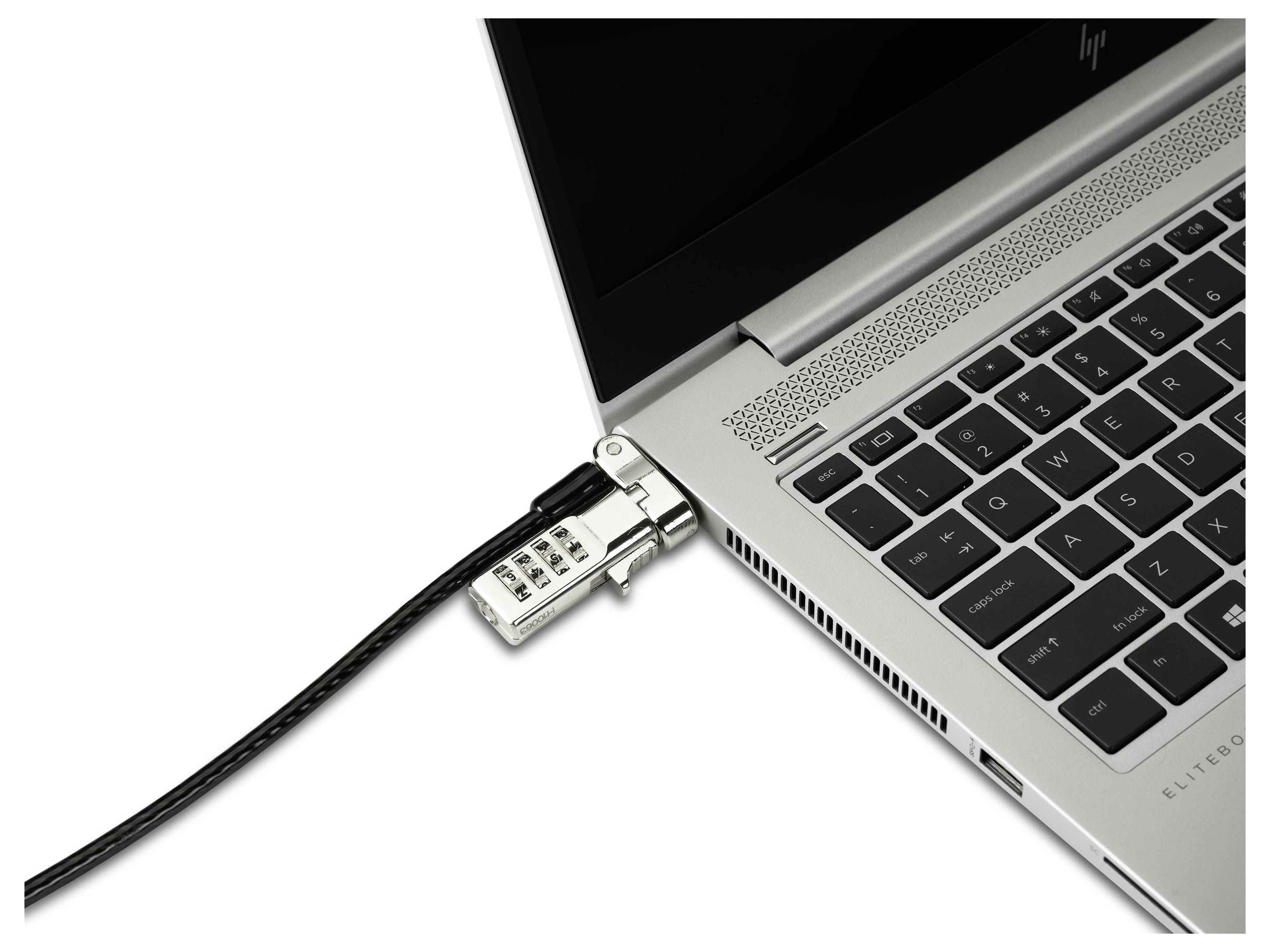 Un ordinateur portable avec un câble antivol fixé est visible sur une surface blanche. Le verrou est attaché sur le côté de l'ordinateur portable.