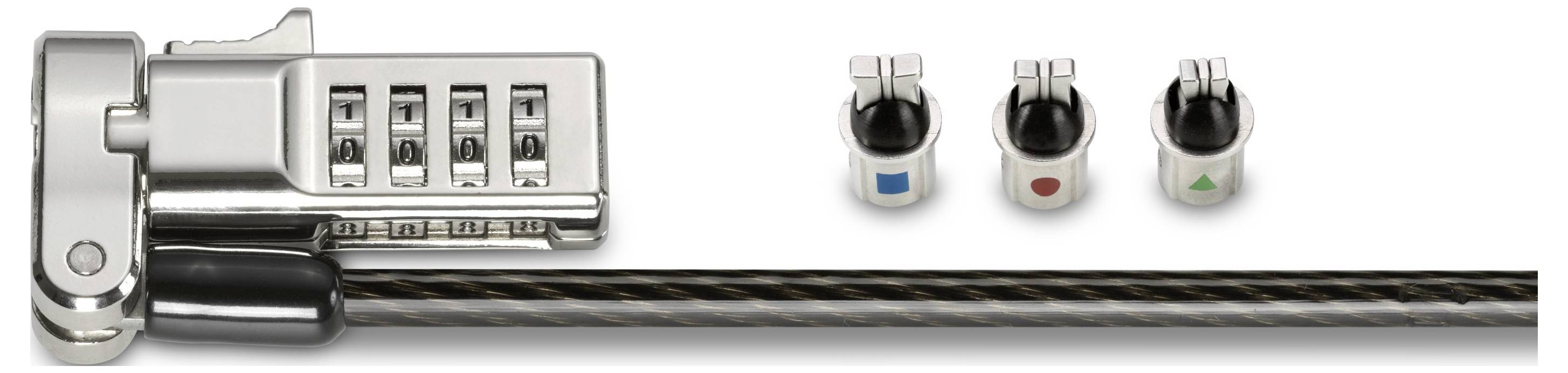 Un cadenas à code à quatre chiffres sur un câble, à côté de trois clés interchangeables portant des marquages colorés : rouge, bleu, vert.