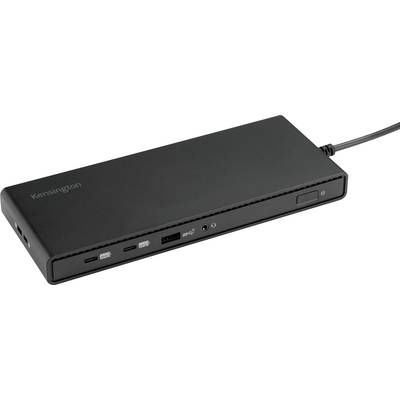 Une station d'accueil noire avec plusieurs ports, comprenant des ports USB et un interrupteur d'alimentation, de la marque Kensington.