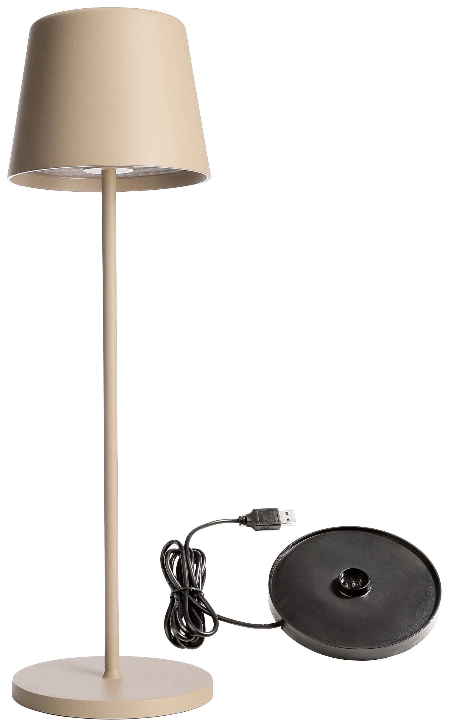 Une lampe de table élégante, beige, avec un socle rond ; à côté, un chargeur noir avec un câble USB.