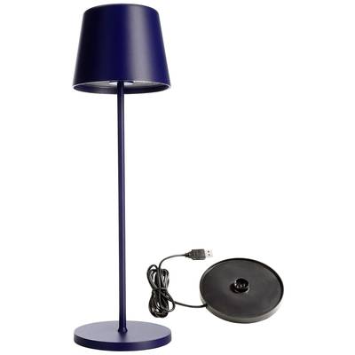 Une lampe sur pied élégante, bleu marine, dotée d'un câble de chargement USB et d'un socle rond. Adaptée aux espaces de vie modernes ou aux bureaux.