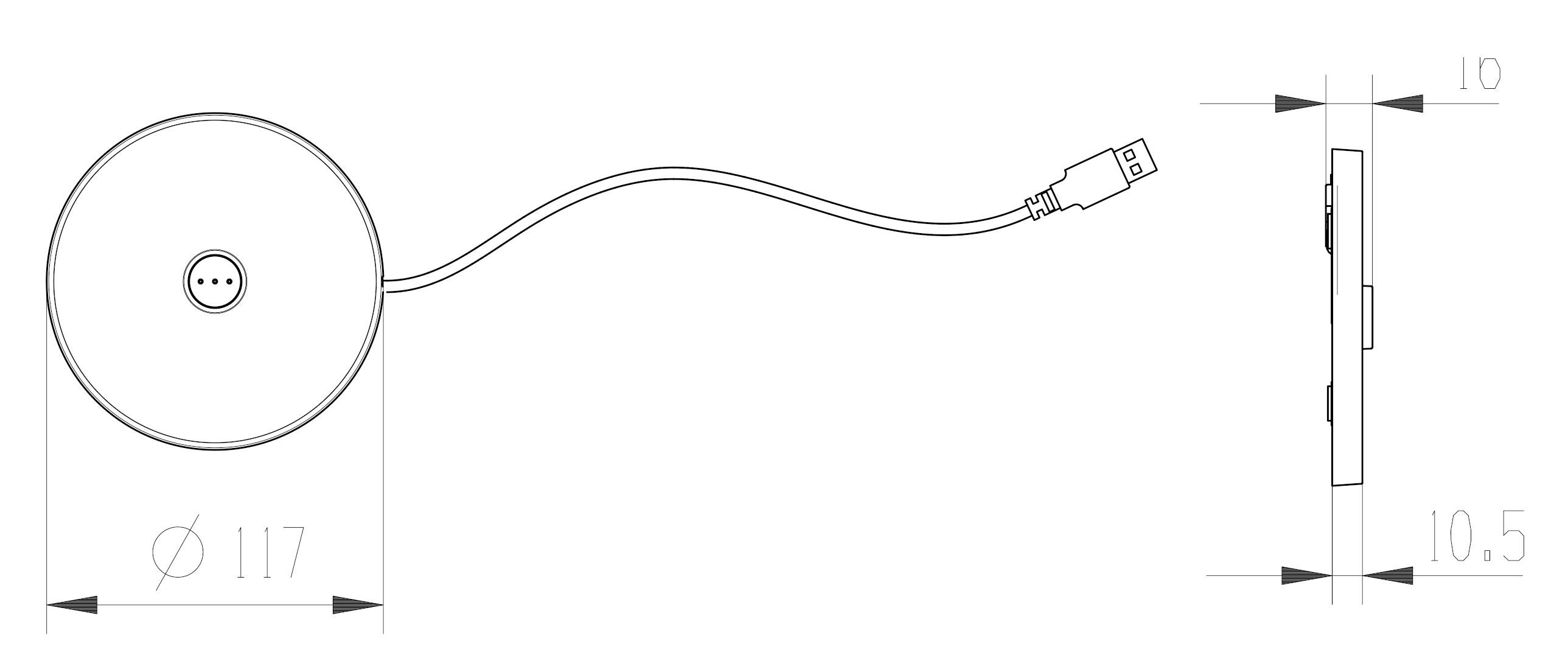 Dessin technique d'un chargeur rond avec câble USB. Diamètre 117 mm, épaisseur 10,5 mm. Vue latérale montrant la hauteur.