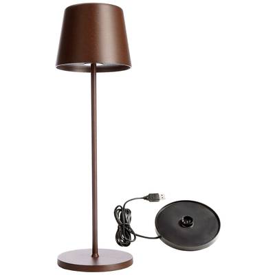 Lampe de table marron avec base étroite et câble USB.