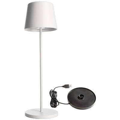 Lampe de table blanche, élancée, avec socle rond, câble USB et interrupteur noir.