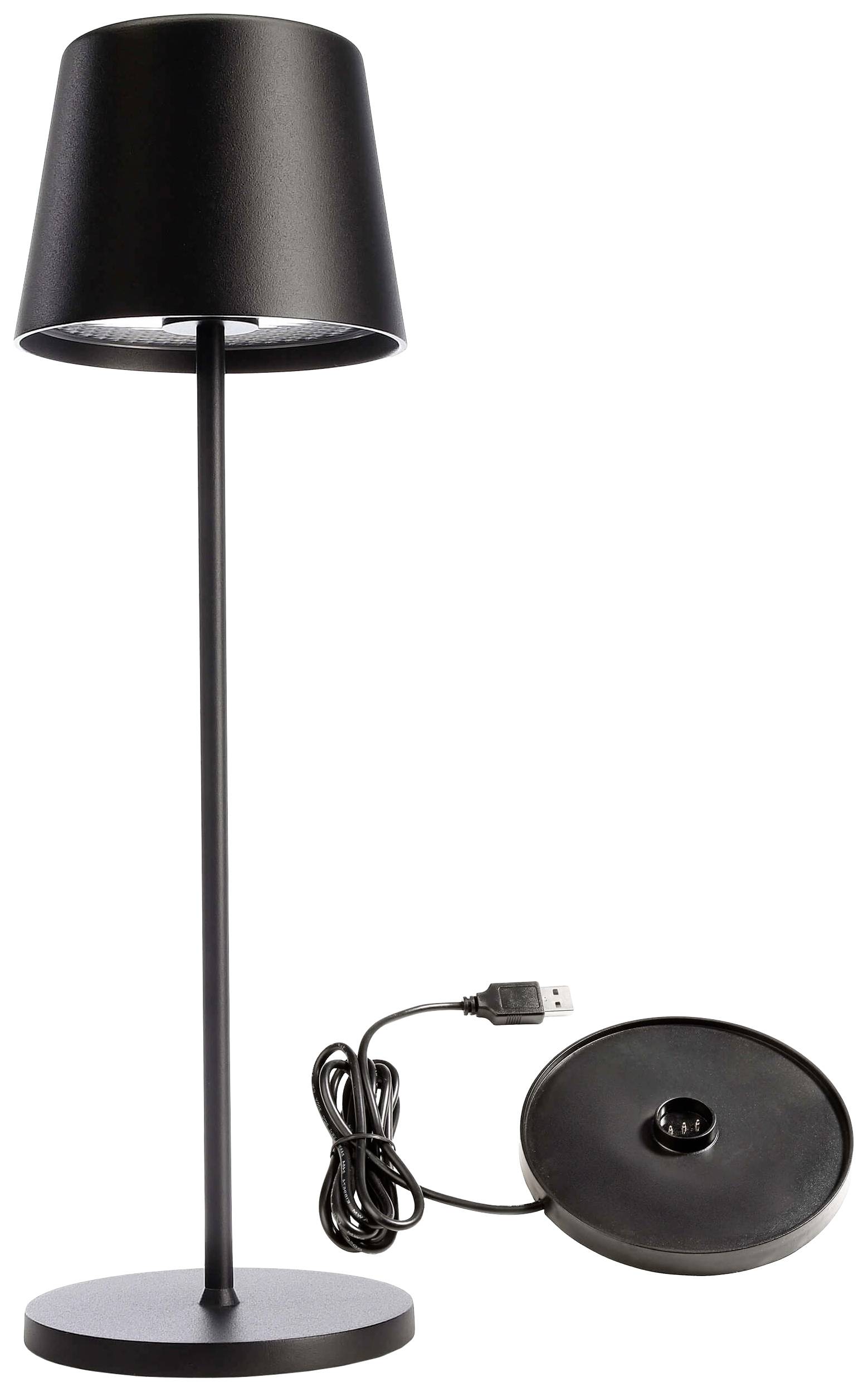 Lampe de table noire à base ronde et câble de connexion USB, adaptée à un intérieur moderne.