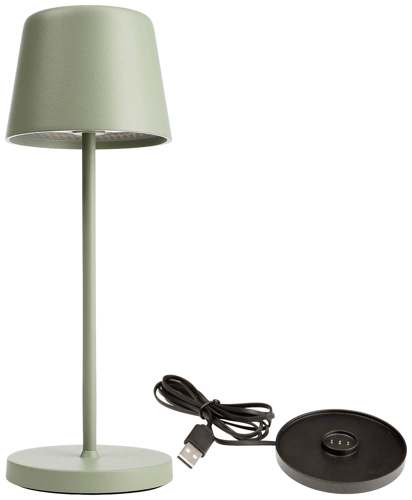 Lampe de table verte avec base ronde et chargeur USB à côté. Design minimaliste, adaptée pour un bureau ou une table de chevet.