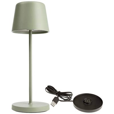 Lampe de table verte avec base ronde et chargeur USB à côté. Design minimaliste, adaptée pour un bureau ou une table de chevet.