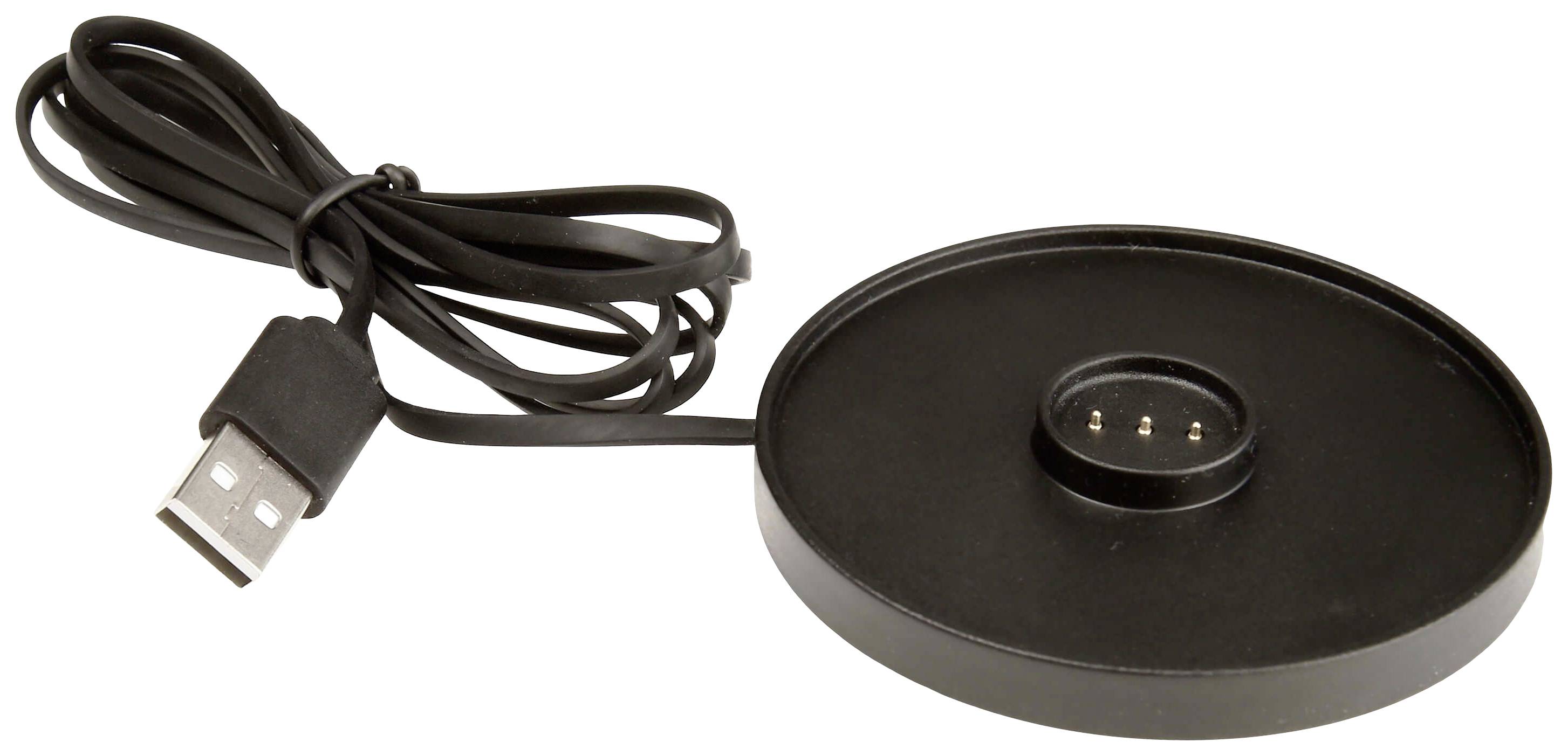 Un chargeur noir et rond avec un câble USB. Le chargeur possède des contacts métalliques au centre pour la connexion avec un appareil.