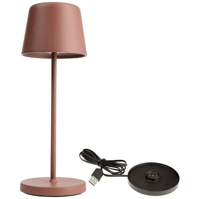 Lampe de table rouge, sans fil, avec socle rond et station de charge USB.