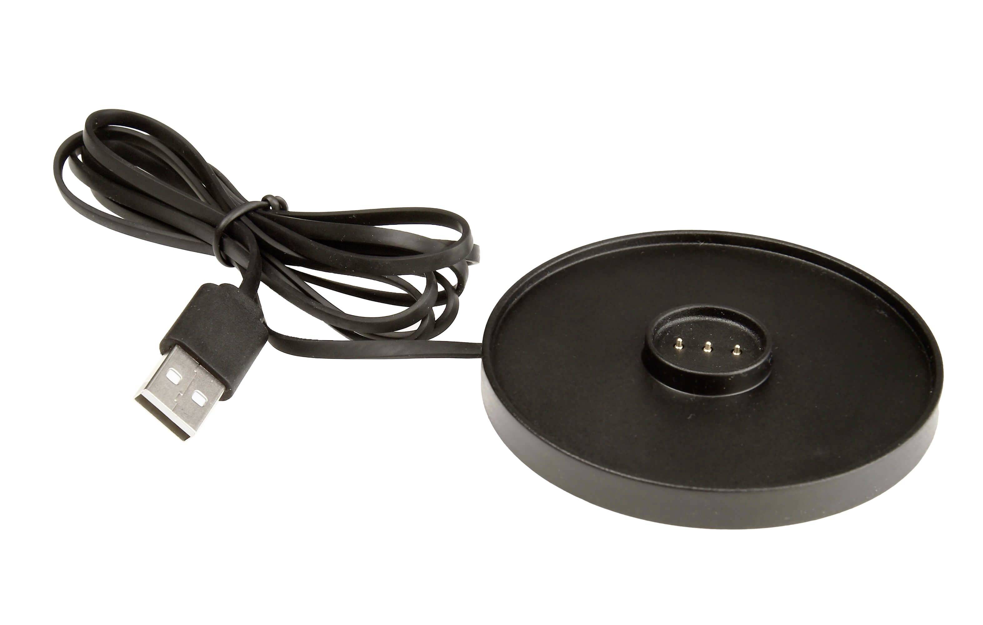 Un chargeur noir avec une fiche USB et un pad de charge rond à connexion magnétique, adapté pour le chargement sans fil de petits appareils.