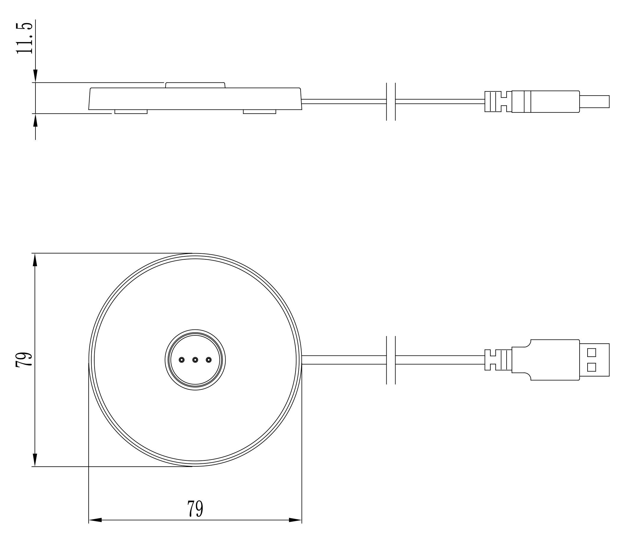 Dessin technique d'un chargeur rond avec câble USB. Vue latérale montrant une hauteur de 11,5 mm ; vue de dessus indiquant un diamètre de 79 mm.