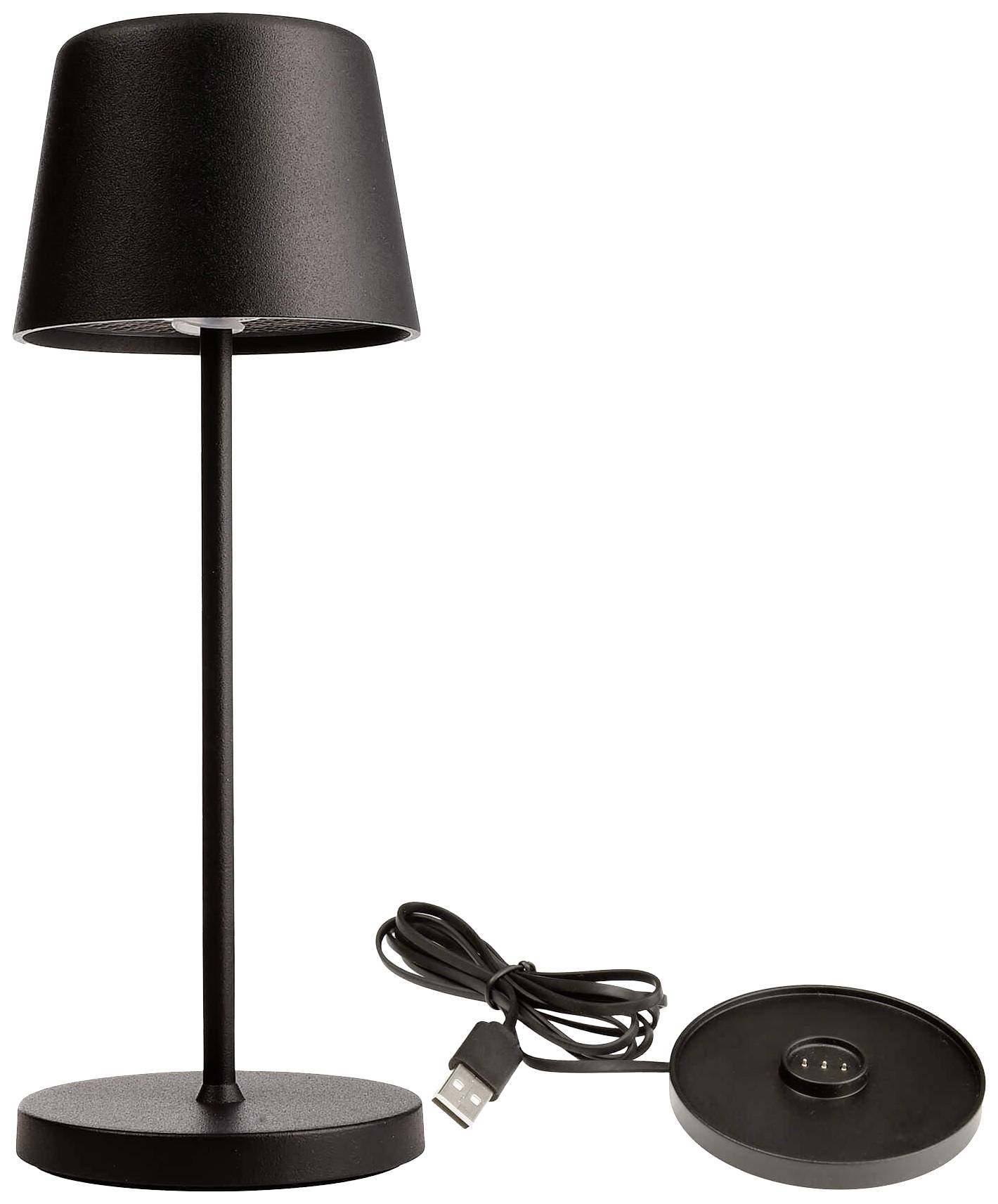 Lampe de table noire au design moderne, avec câble USB et pad de chargement. Idéale pour bureaux ou tables de chevet.