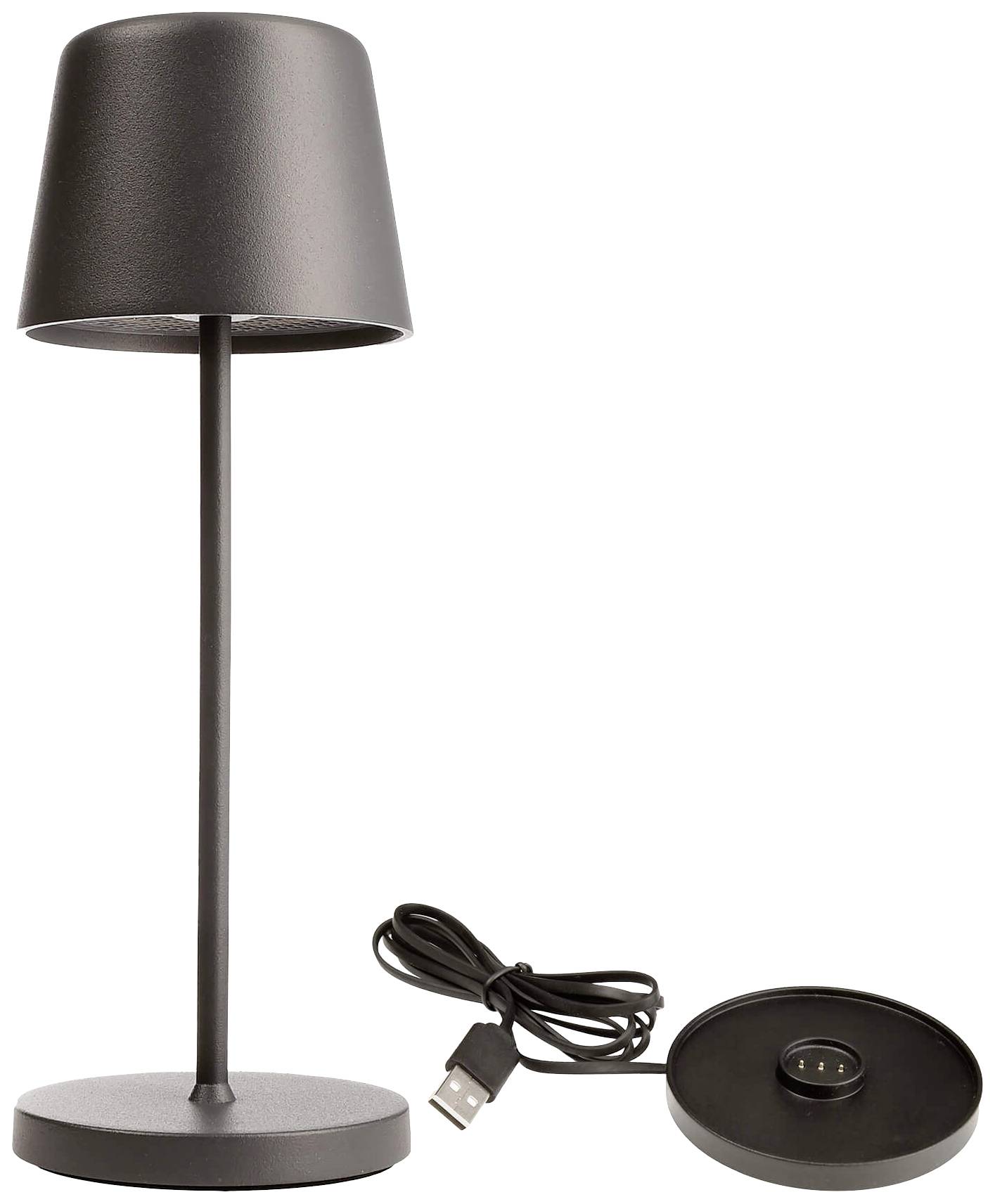 Une lampe de table noire au design élégant. À côté se trouve un socle avec port USB pour le chargement.