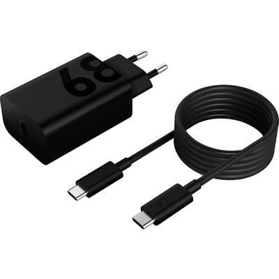 Un chargeur noir avec un port USB-C et un câble de charge assorti. Le chargeur affiche le chiffre '68'.