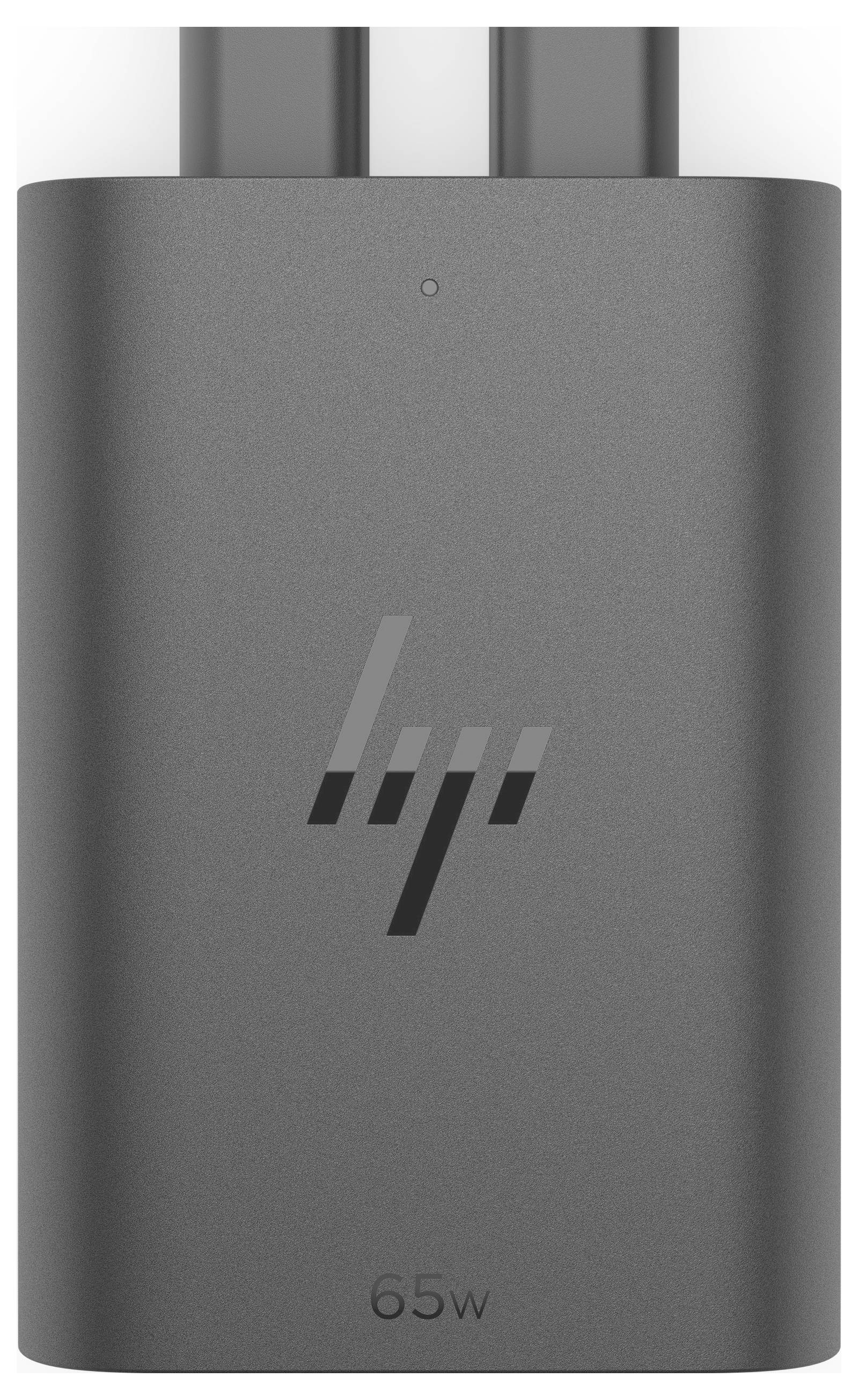 Un chargeur portable HP gris portant l'inscription « 65W » et le logo HP.