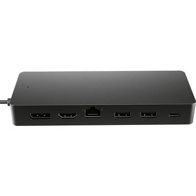 Station d'accueil noire avec plusieurs ports : deux HDMI, Ethernet, deux USB et un port USB-C. Idéale pour l'extension des périphériques.