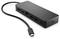 Station d'accueil USB-C noire avec plusieurs ports, comprenant HDMI, USB et Ethernet, sur fond blanc.