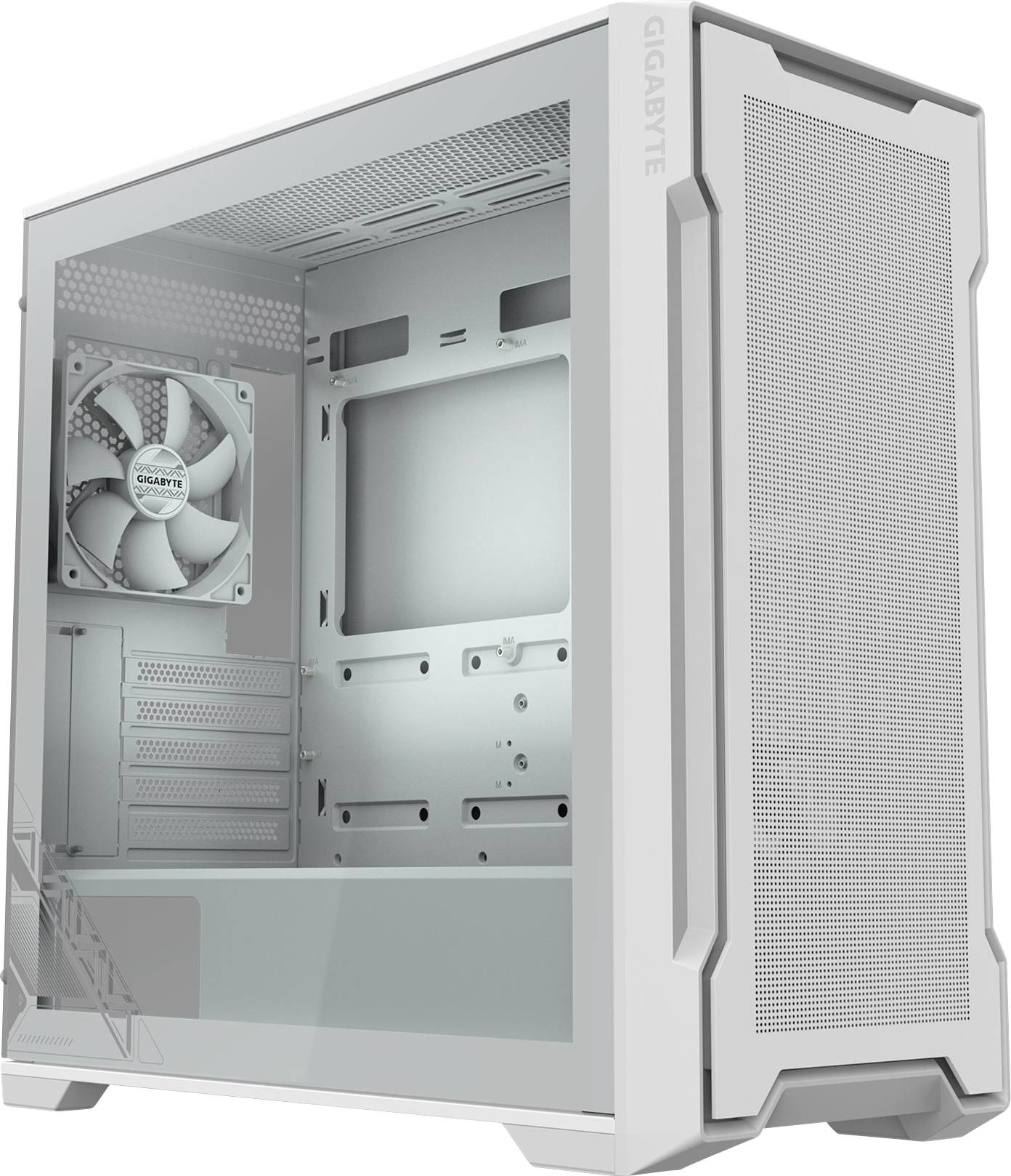 Boîtier d'ordinateur blanc au design moderne avec fenêtre latérale et ventilateur interne ; adapté aux projets de construction de PC.